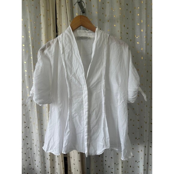Zara Women's 100% Cotton Semi Sheer Tie Sleeves Button Down Pleated Shirt Top L - Picture 2 of 8